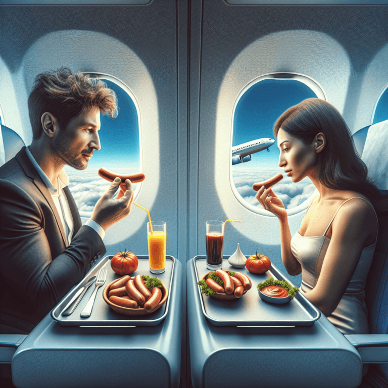 Doi români mănâncă cârnați și roșii în avion