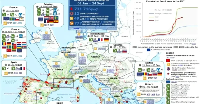Incendiile din 2026: suprafața arsă în UE, aproape dublă față de media pe 20 de ani