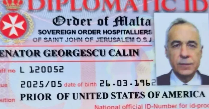 Legitimație diplomatică a Ordinului de Malta, găsită la Călin Georgescu